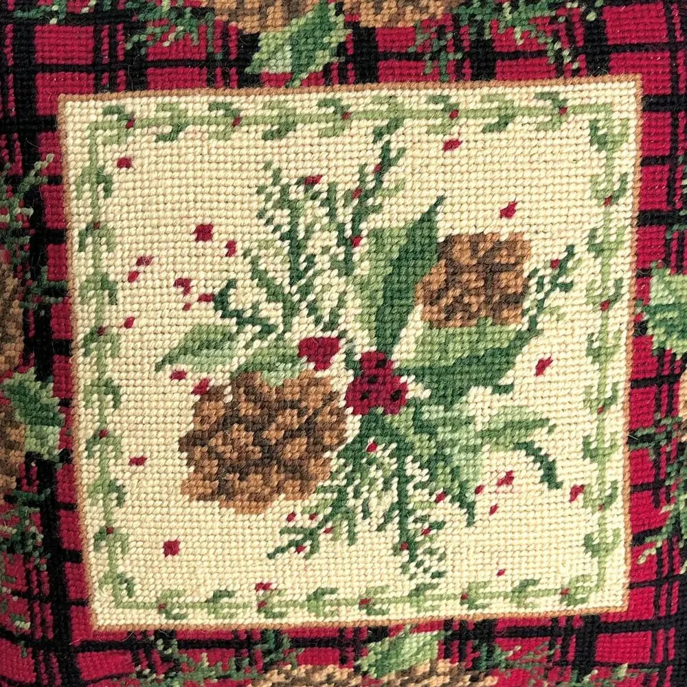 Rustic Pine and Plaid Needlepoint Pillow Braided Trim with Bows Velvety Back
